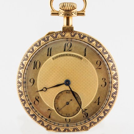 PLOJOUX (VACHERON CONSTANTIN EBAUCHE) Top Quality 18K Solid Yellow Gold Pocket Watch with Enamel Adorned Case. 48mm, Heavy Case 82.5g Total Weight. 1890-1900s