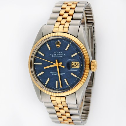 (SOLD) ROLEX Vintage Datejust Mosaic Blue Dial Non-Quickset Plastic Crystal 2-Tone Bracelet 1601 Mens