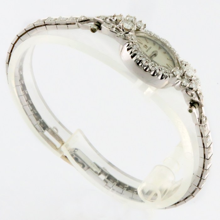 Omega Vintage Ladies Cocktail Watch Fully Embellished with Diamonds in 14K White Gold. Entire Row of Diamonds on Bracelet, 1940s, Approximately 1ctw