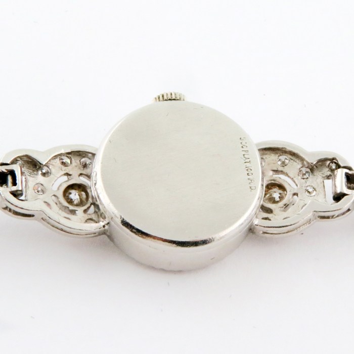 LeCoultre Vintage Ladies Cocktail Watch Fully Embellished with Diamonds in 14K White Gold. Entire Row of Diamonds on Bracelet, 1930-1940s
