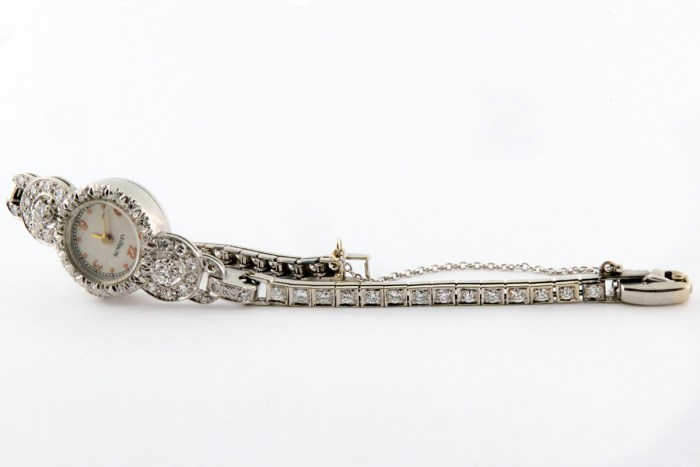 LeCoultre Vintage Ladies Cocktail Watch Fully Embellished with Diamonds in 14K White Gold. Entire Row of Diamonds on Bracelet, 1930-1940s