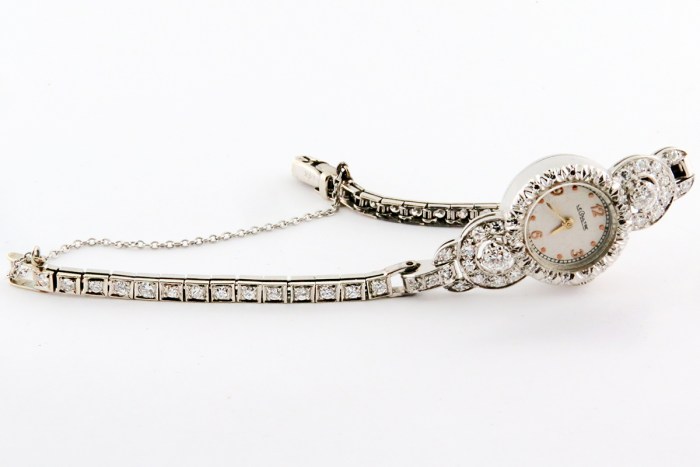 LeCoultre Vintage Ladies Cocktail Watch Fully Embellished with Diamonds in 14K White Gold. Entire Row of Diamonds on Bracelet, 1930-1940s