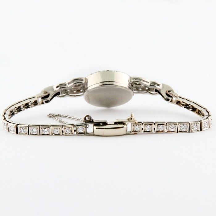 LeCoultre Vintage Ladies Cocktail Watch Fully Embellished with Diamonds in 14K White Gold. Entire Row of Diamonds on Bracelet, 1930-1940s