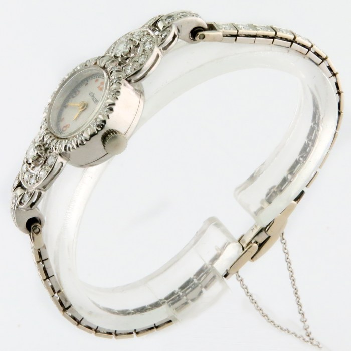 LeCoultre Vintage Ladies Cocktail Watch Fully Embellished with Diamonds in 14K White Gold. Entire Row of Diamonds on Bracelet, 1930-1940s