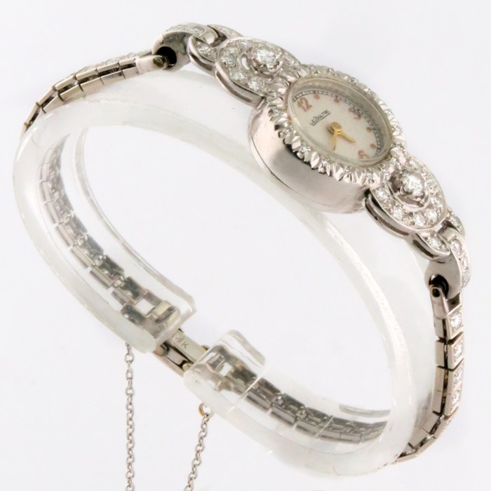 LeCoultre Vintage Ladies Cocktail Watch Fully Embellished with Diamonds in 14K White Gold. Entire Row of Diamonds on Bracelet, 1930-1940s