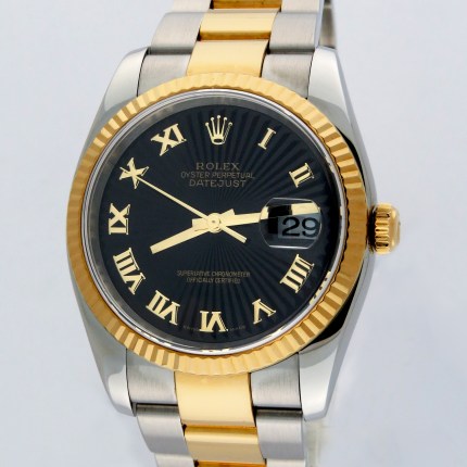 (SOLD) ROLEX Datejust Black Sunbeam Roman Dial Oyster Bracelet 36mm 2-Tone 18KY & SS 116233 Mens
