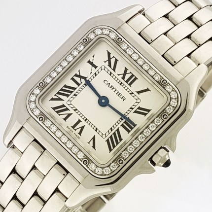 (SOLD) CARTIER Panthere (Current Model) Mid Quartz Sapphire Crystal Diamond Bezel Bracelet S.Steel W4PN0008 / 4016 Ladies