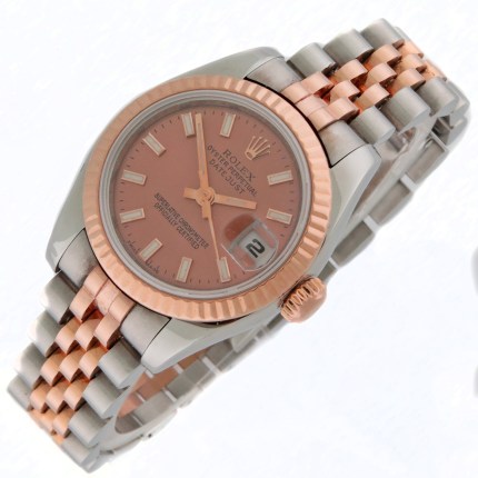 ROLEX Reference 179171 Ladies Datejust Wristwwatch with Pink Salmon Dial and Jubilee Bracelet and Engraved Bezel. D-Serial with Certificate 2-Tone 18K Rose Gold and Stainless Steel