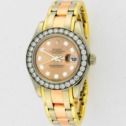 (SOLD) ROLEX Masterpiece Pearlmaster Tridor Factory Diamond Dial & Bezel Bracelet 18K Tri-Color Gold 80299 Ladies
