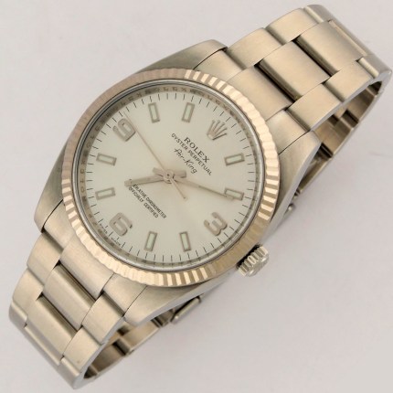 (SOLD) ROLEX Air-King Sapphire Crystal Engraved Bezel Silver Dial Baton Markers Bracelet S.Steel 114234 Mens