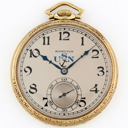 HAMILTON 14K 12-Size Open Face Model 922 23 Jewels U.S.S. Cole Navy Presentation w/Box Yellow Gold
