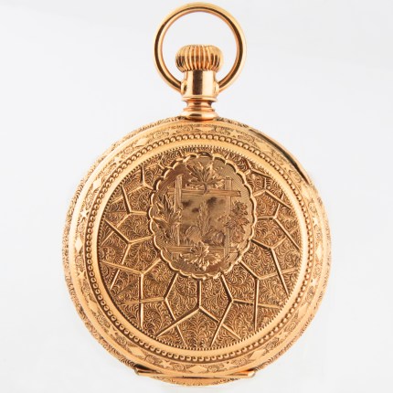 (SOLD) WALTHAM 14K 1-Size 36.5mm Ladies Hunter Case Geometric Decor Model 1882 Yellow Gold