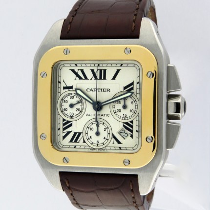 (SOLD) CARTIER W20091X7 / 2740 2-Tone SS-18KY Mens Santos 100 XL Automatic Chronograph Yellow Gold & Steel