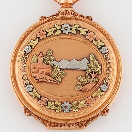 (SOLD) ALPHONSE MATILE (SWISS) 18K 38.5mm Hunter Case with Village Lake Mountain Scene Multi-Color Gold