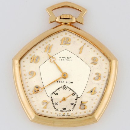 (SOLD) GRUEN 14K 10-Size 44mm Open Face Ultra-VeriThin UV Pentagon with Pentagon Bezel Crystal & Box Yellow Gold