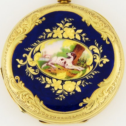 BREITLING LAEDERISCH (SWISS) 18K 40mm Enamel Hunter Case Persons & Dog Pictures Pendant Watch Yellow Gold