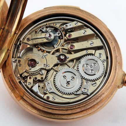 (SOLD) E. BOURQUIN & FILS (SWISS) 14K LECOULTRE & CO Ebauche 53mm Hunter Case Minute Repeater Hammers Jeweled Rose Gold