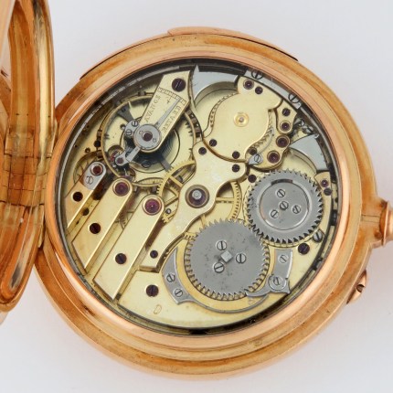 B. POITEVIN (PARIS) 18K 50mm Mens Open Face Top Grade Minute Repeater Jewels to Hammers Gilt Movement Pink Gold