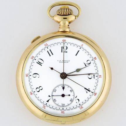 (SOLD) C.H. MEYLAN (SWISS) 14K  47mm Open Face Rattrapante Split Seconds Chronograph Yellow Gold #1 - Image 1