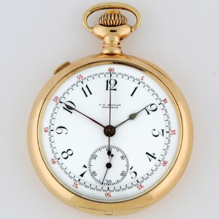 (SOLD) C.H. MEYLAN (SWISS) 14K  47mm Open Face Rattrapante Split Seconds Chronograph Yellow Gold #1 - Image 2