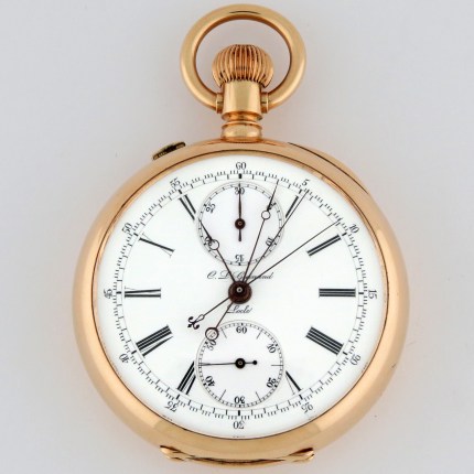 C.L. GUINAND (SWISS) 14K 53mm Open Face Split Seconds Chronograph Rattrapante w/30min Register Oversized Yellow Gold