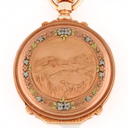 (SOLD) WALTHAM 14K 18-Size Bird Hunting Scene Multi-Color Dial Box Hinge Mint Case Multi-Color Solid Gold - Image 2