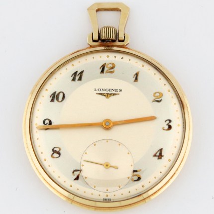 (SOLD) LONGINES 14K 44mm Open Face 17 Jewels Cal.17L Yellow Gold Excellent Condition Pocket Watch Mens