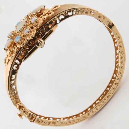 LONGINES 14K Ladies Vintage Hand-Wind Bangle Opal Adorned Cover 1940s Yellow Gold - Image 3