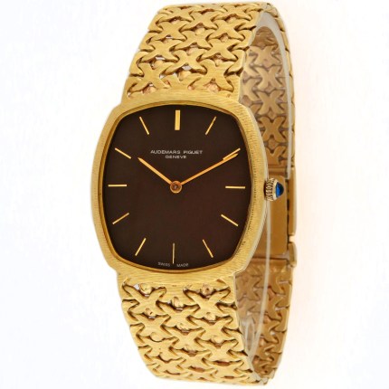 (SOLD) AUDEMARS PIGUET 451GB Mens 18K Vintage X-Linked Bracelet Hand-Wind Dark Chocolate Dial Cal.2003 Yellow Gold Rare
