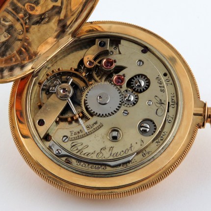 CHAS. E. JACOT (SWISS) 18K 55mm Hunter Case Reverse Winding Special Movement Layout Yellow Gold