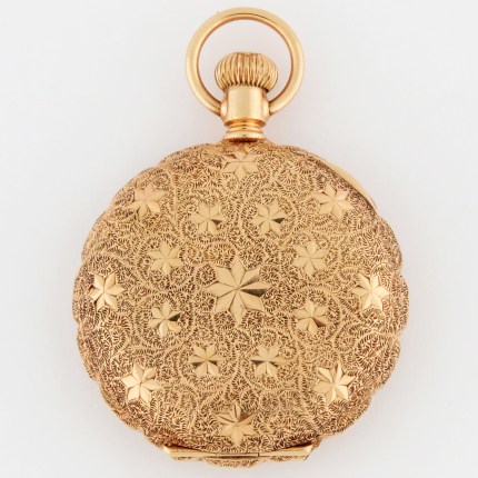 (SOLD) WALTHAM 14K 0-Size 35.5mm Ladies Hunter Case STAR Adorned Scallop Grade 130 Yellow Gold