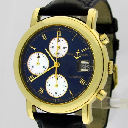 (SOLD) ULYSSE NARDIN 431-77 18K Mens San Marco Automatic Chronograph Navy Dial 38mm Yellow Gold