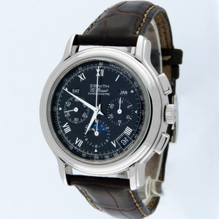 (SOLD) ZENITH 01.0240.410/02.c495 SS Mens Chronomaster T El Primero Triple Date Moonphase Automatic Chronograph Black Dial Stainless Steel