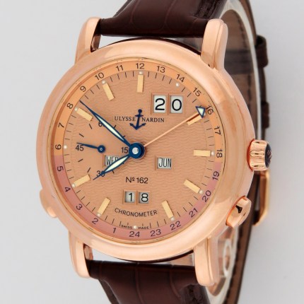 (SOLD) ULYSSE NARDIN 322-88 18K Mens GMT +/- Perpetual Automatic Copper Dial Limited Edition 500pcs 40mm Rose Gold
