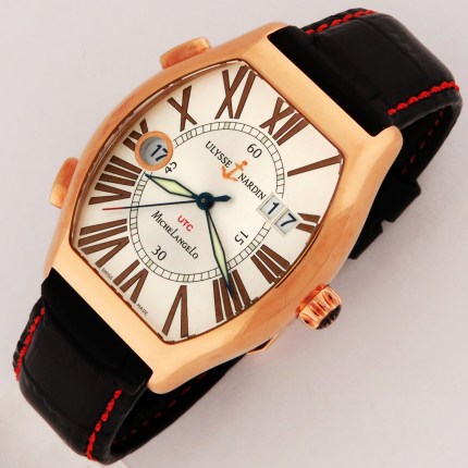 (SOLD) ULYSSE NARDIN 226-11 18K Mens MichelAngelo UTC Gigante XL Automatic Rose Gold Cushion Case 38x43mm