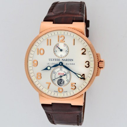 (SOLD) ULYSSE NARDIN 266-66 18K Rose Gold Mens Maxi Marine Chronometer Automatic Silver Dial 41mm