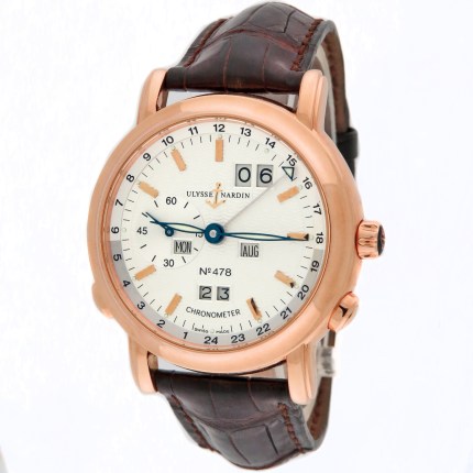 (SOLD) ULYSSE NARDIN 322-88 18K Mens GMT +/- Perpetual Automatic Silver Dial Limited Edition 500pcs 40mm Rose Gold