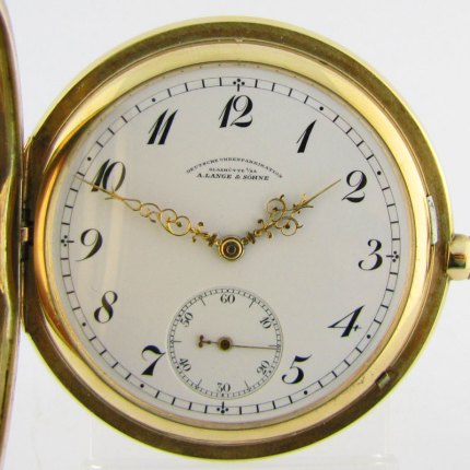 An excellent antique A. Lange & Söhne Hunter Case 14K Solid Pink Gold Pocket Watch with DUF Grade Movement. German Glashütte style with 3/4 plate design.