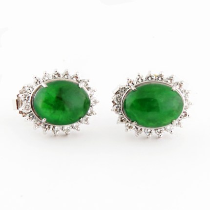 Natural 'A' Jadeite Cabachons Platinum & Diamonds Oval Ladies Earrings with GIA Report