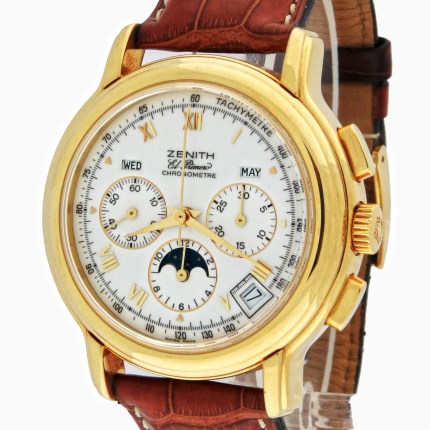 Zenith 18K Yellow Gold Chronomaster El Primero Mens Automatic Triple Date Moonphase Chronograph 30.0240.410. Manufacture Suggested Retail Price (MSRP) $17,800.