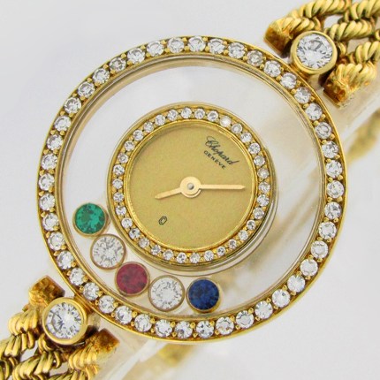 CHOPARD 18K Yellow Gold Happy Diamonds 5Pcs-Gems 23mm Bracelet Ladies Watch 4066