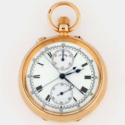 STAUFFER & CO. (SWISS) 18K Rose Gold 54mm Open Face Split Seconds Chronograph Rattrapante with Reverse 60min Register Oversized Pocket Watch