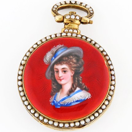 UNMARKED FLEURIER (SWISS) 32.5mm Open Face Antique Enamel Lady's Portrait Chinese Duplex Cylinder Silver Gilt Pocket Watch