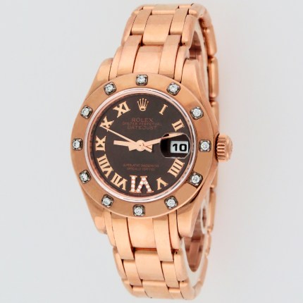 ROLEX 18K Rose Gold Masterpiece Pearlmaster Datejust Chocolate Dial Diamond IV Marker Bezel Engraved G-Serial Box and Manuals 80315 Ladies Watch