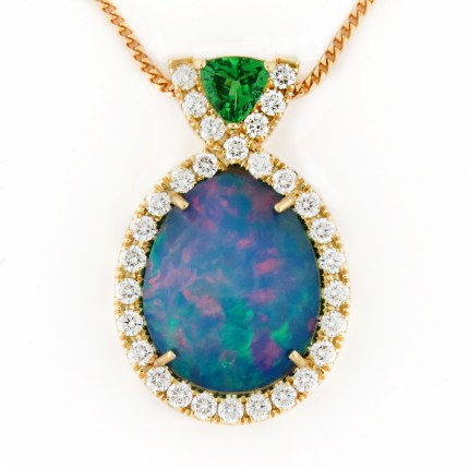 Ladies 9.1ct Natural Opal & Tsavorite 18K Gold Pendant Necklace with Diamonds and 18K Gold Chain