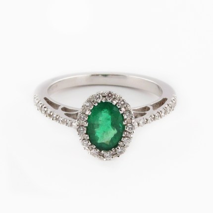 Ladies Green Emerald 18K White Gold & Diamonds Solitaire Ring Made in Italy