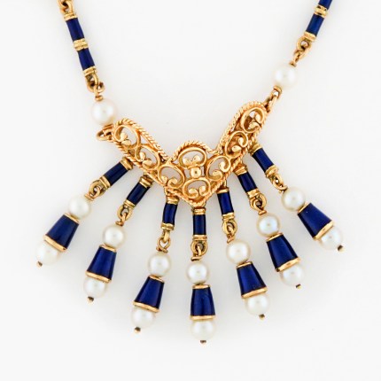 Ladies Antique Italian Pearls and Enamel 18K Yellow Gold Necklace