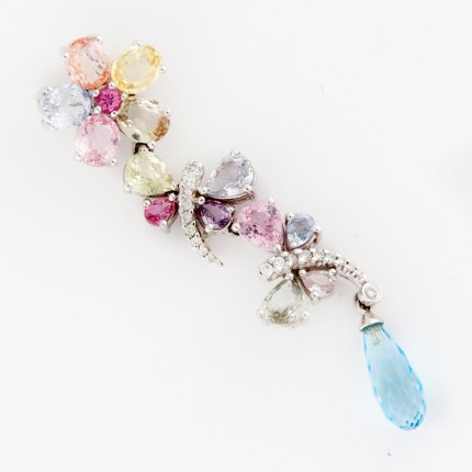 PENDANT - Ladies Dragonfly & Flower Multi-Color Gems (Pink Sapphire, Topaz, Peridot, Diamond) 18K White Gold Drop Pendant