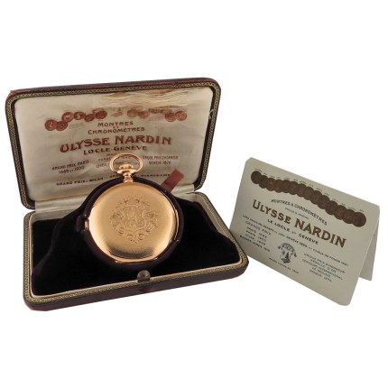 1900s Museum Top Quality Ulysse Nardin Minute Repeater Chronograph with 30 Minute Register Pocket Watch. Massively sized at 60mm, it even still has original box and paperwork.