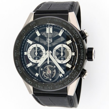 TAG Heuer Carrera Tourbillon Chronograph with Heuer 02T Movement. Titanium Case & Ceramic Bezel. 45mm, Model Reference CAR5A8Y.FC6377. Retail Price MSRP $21,250. Current Model